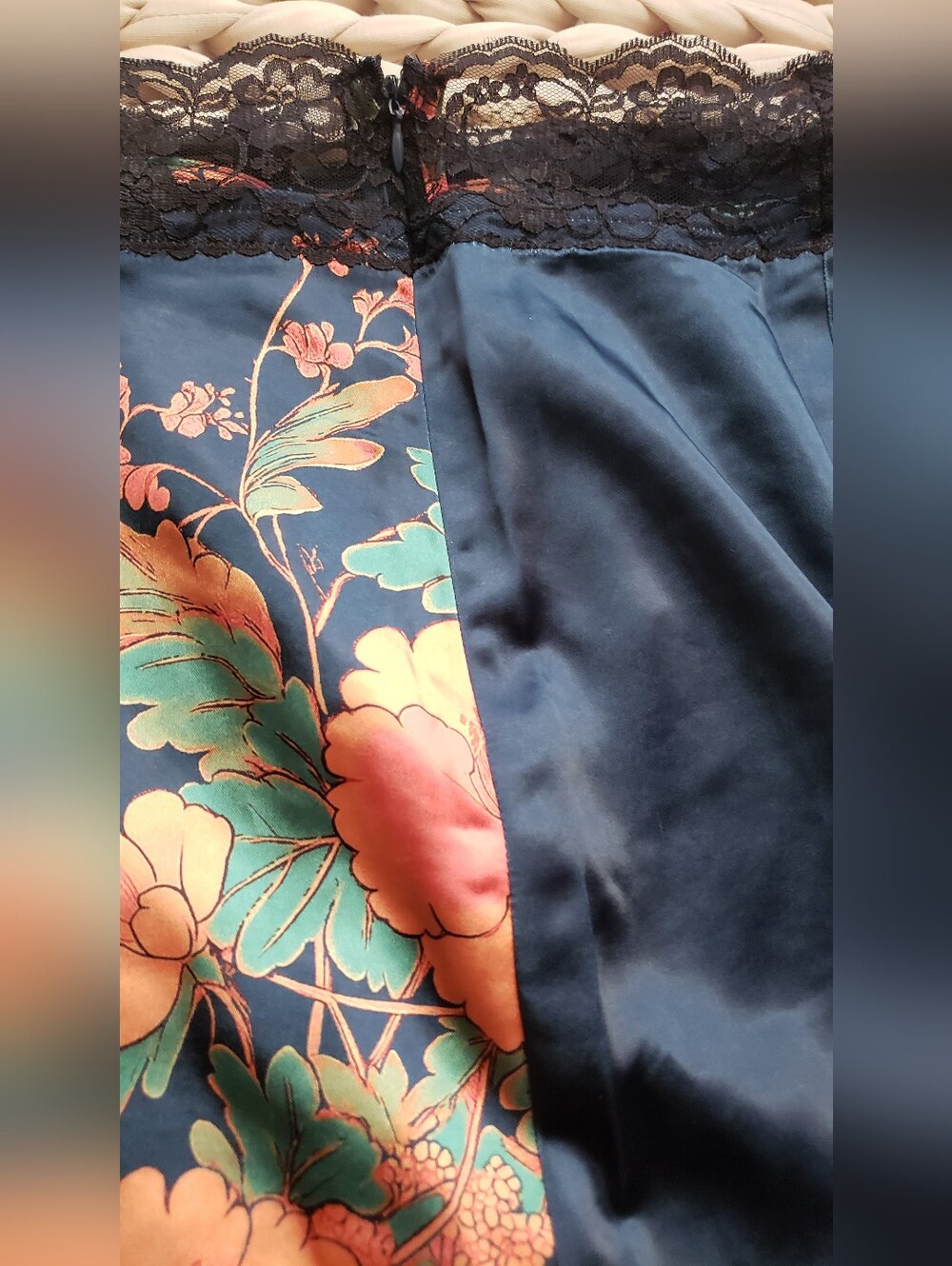Free People Blue Floral Satin Midi Skirt Set with Black Lace Trim - Picture 4 of 8